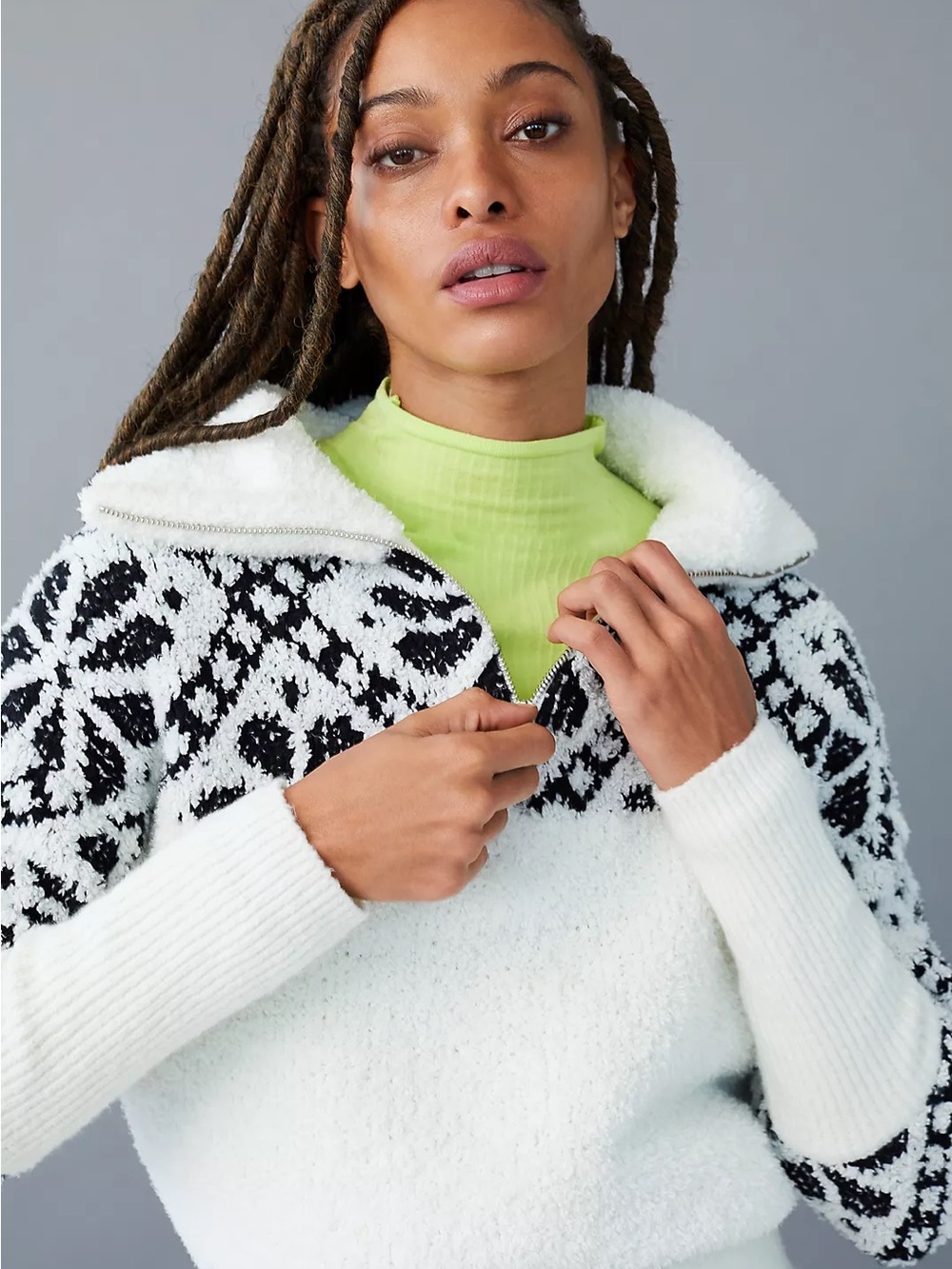 Pilcro Anthropologie Cozy White & Black Patterned Quarter-Zip Women's Sweater